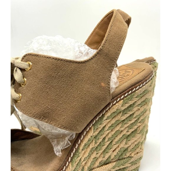 TORY BURCH Platform High Heel Shoes Brown Green Womens Size 10 M Rope Leather - Picture 7 of 11